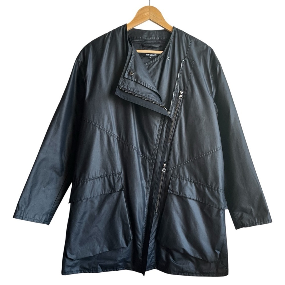 Tess Giberson Asymmetrical Zip Rain Jacket Black Nylon Shell Size 2 - Picture 2 of 14